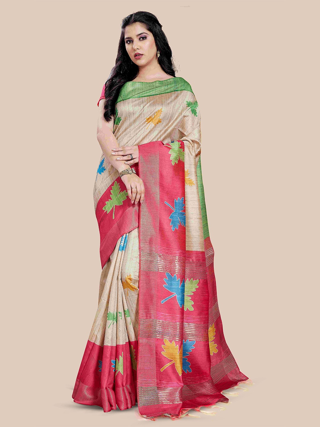 

Rani Saahiba Abstrac Printed Zari Saree, Beige