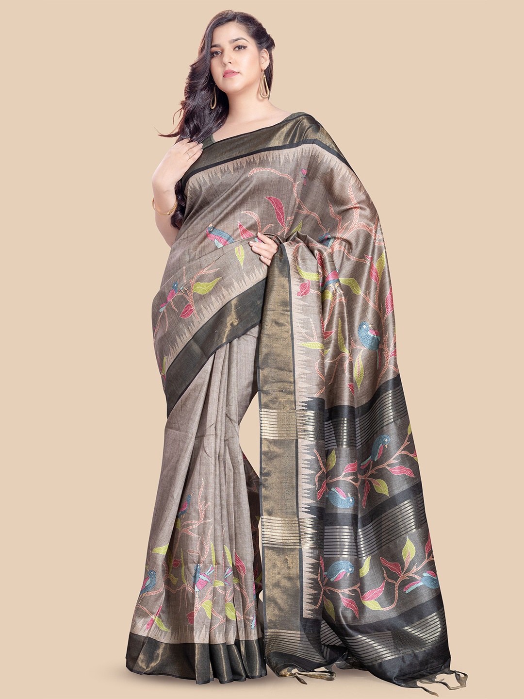 

Rani Saahiba Ethnic Motifs Zari Tussar Saree, Grey