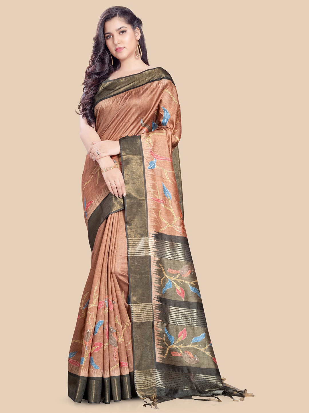 

Rani Saahiba Floral Printed Tussar Saree, Brown