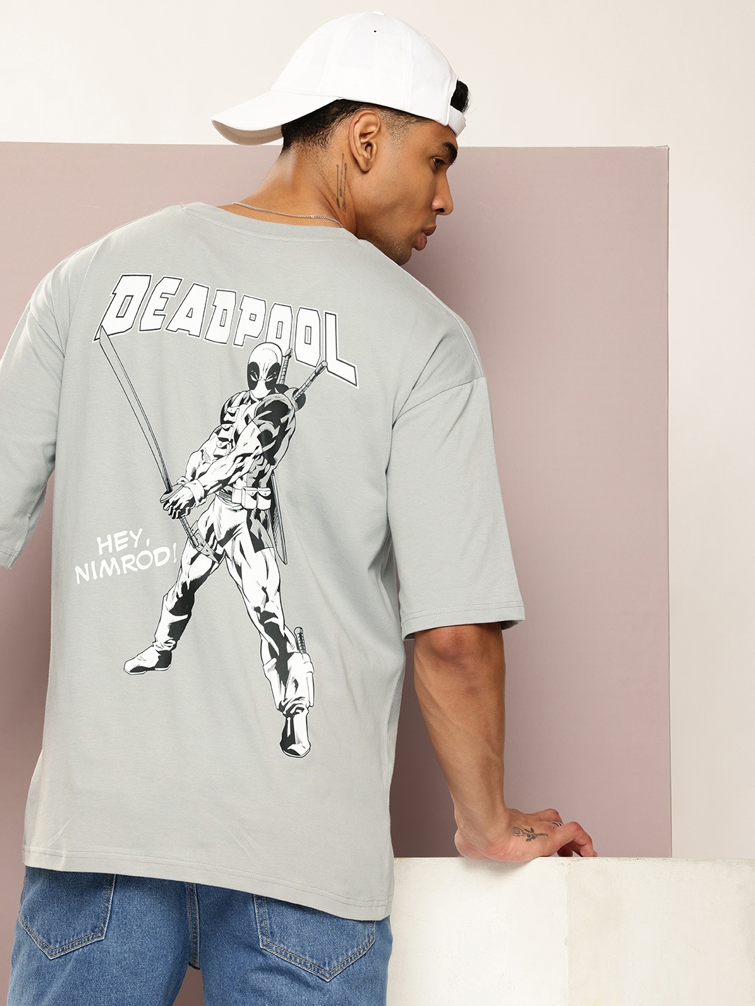 

Kook N Keech Marvel Men Deadpool Printed Drop-Shoulder Sleeves Oversized T-shirt, Grey