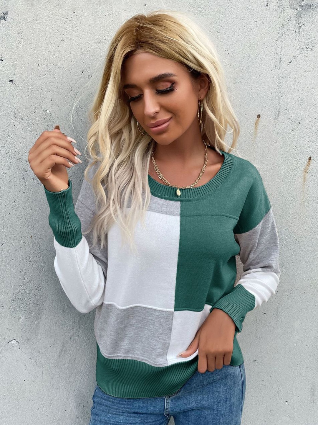 

StyleCast Women Colourblocked Pullover Sweater, Teal