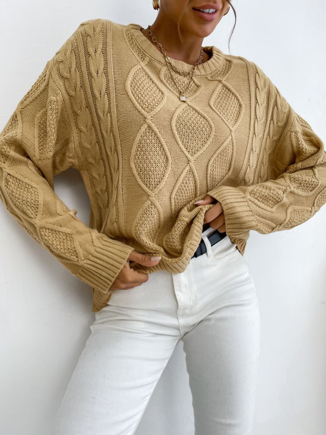 

StyleCast Women Cable Knit Pullover Sweater, Khaki