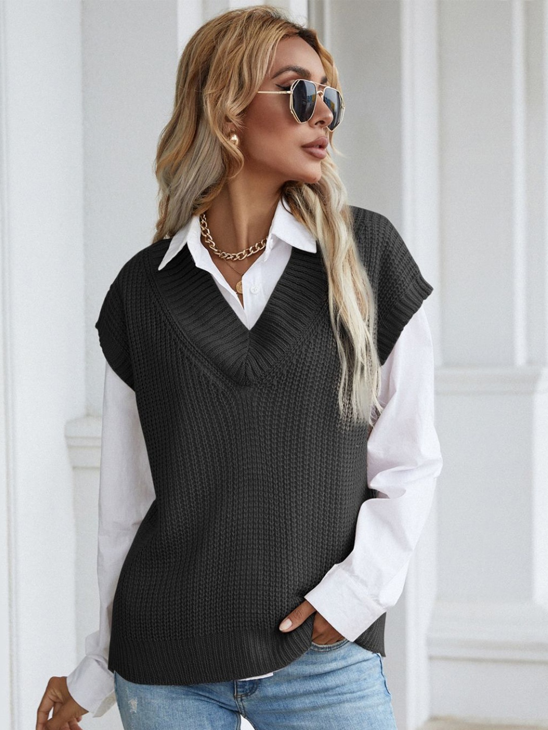 

StyleCast Women V-Neck Knitted Sweater Vest, Black