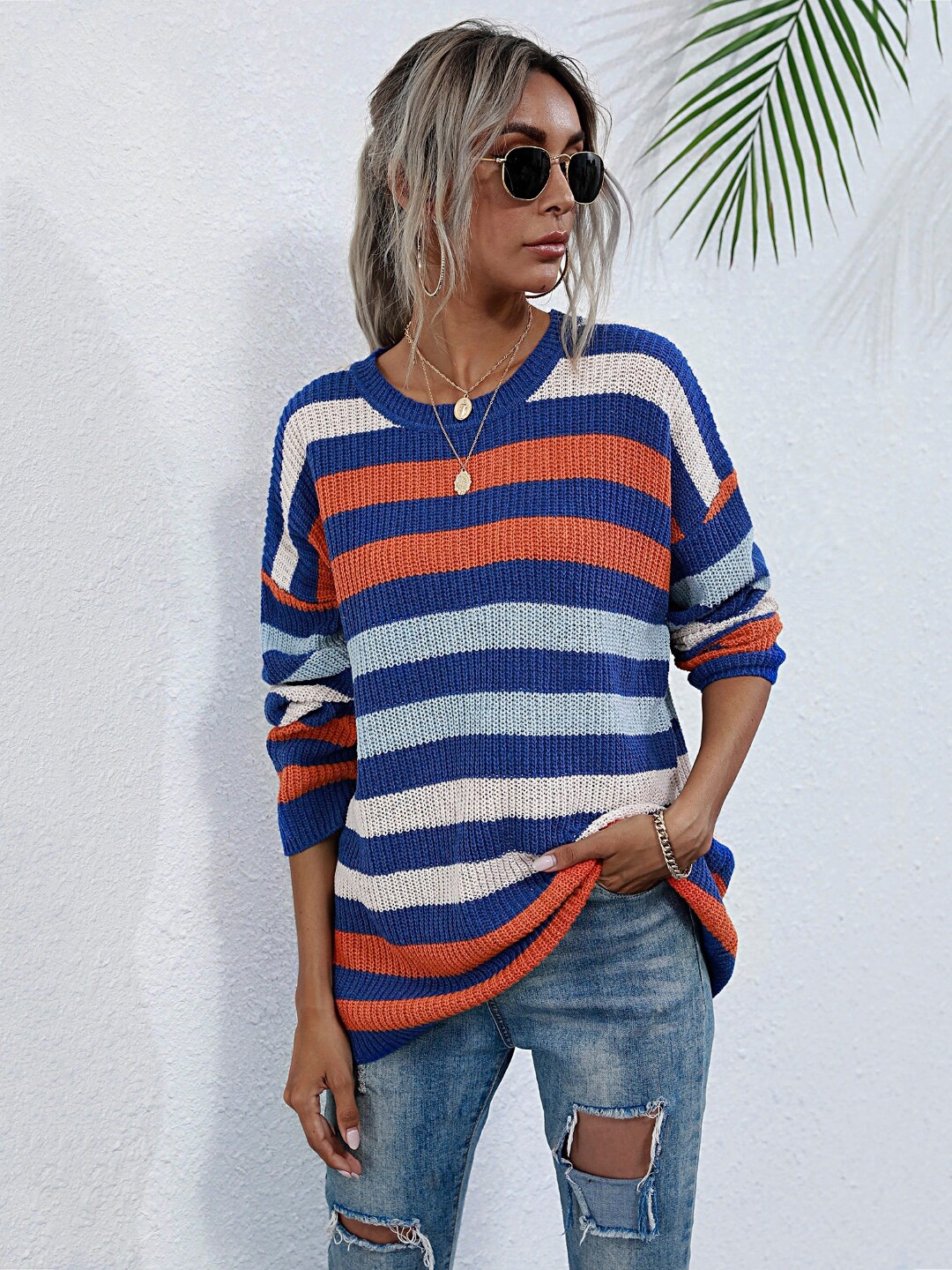 

StyleCast Women Knitted Striped Pullover Sweater, Blue