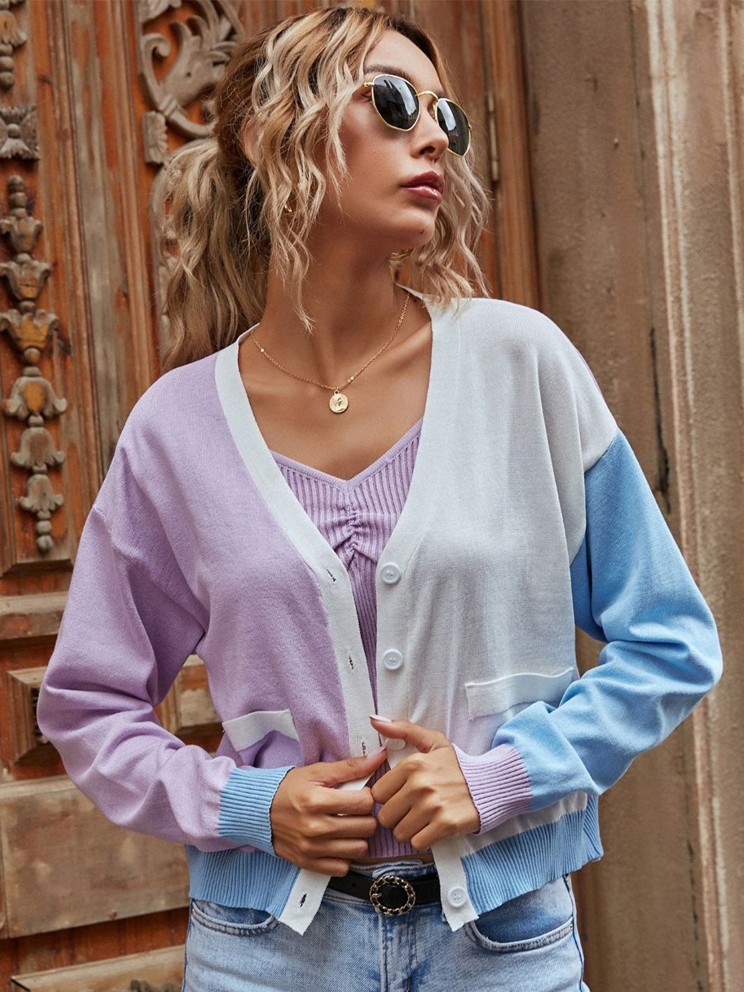 

StyleCast Women Colourblocked Crop Cardigan Sweater, Purple