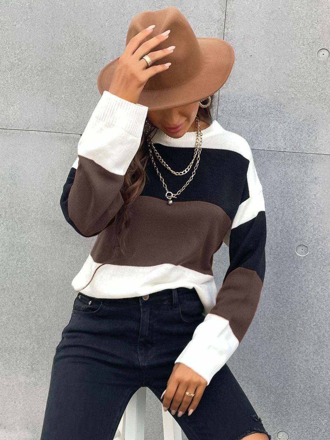 

StyleCast Women Colourblocked Pullover Sweater, Brown
