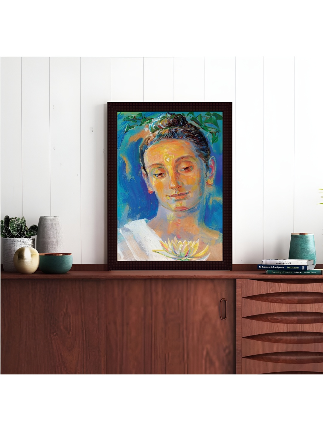 

Tamatina Blue and Green Religious Painted Framed Canvas Wall Art