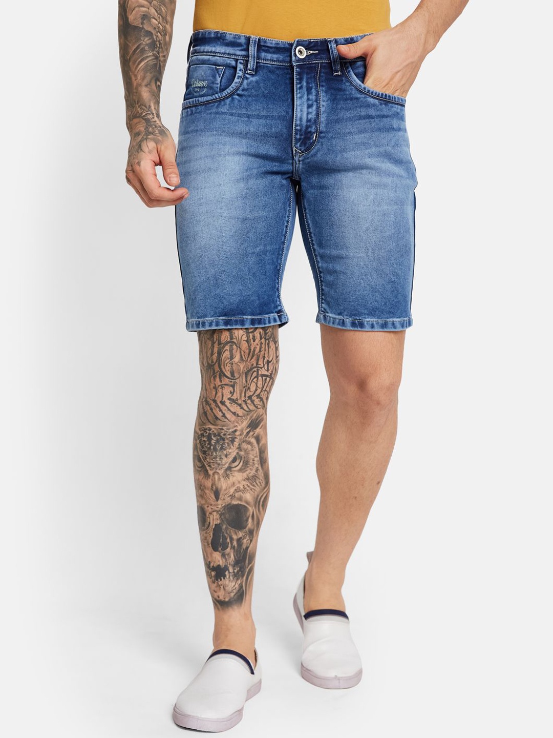 

Octave Men Washed Cotton Denim Shorts, Blue
