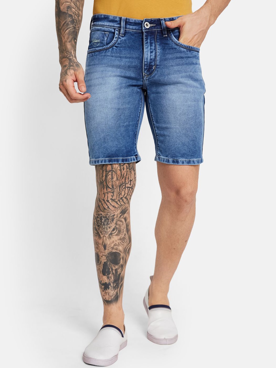 

Octave Men Washed Cotton Denim Shorts, Blue