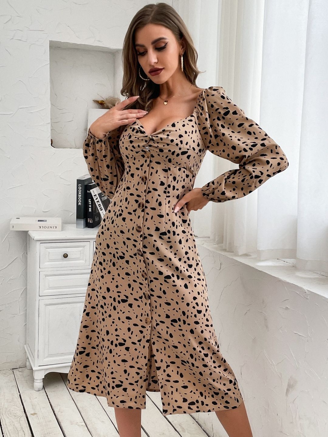 

StyleCast Animal Print Long Sleeves Fit & Flare Dress, Khaki