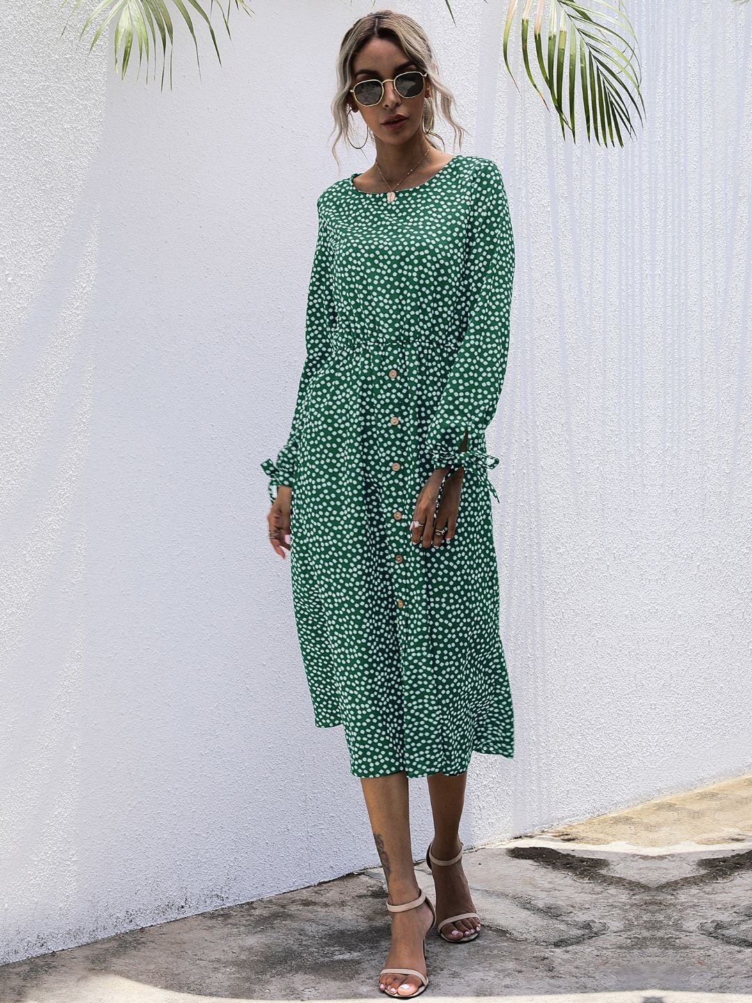 

StyleCast Polka Dots Cuffed Sleeves Polyester A-Line Dress, Green