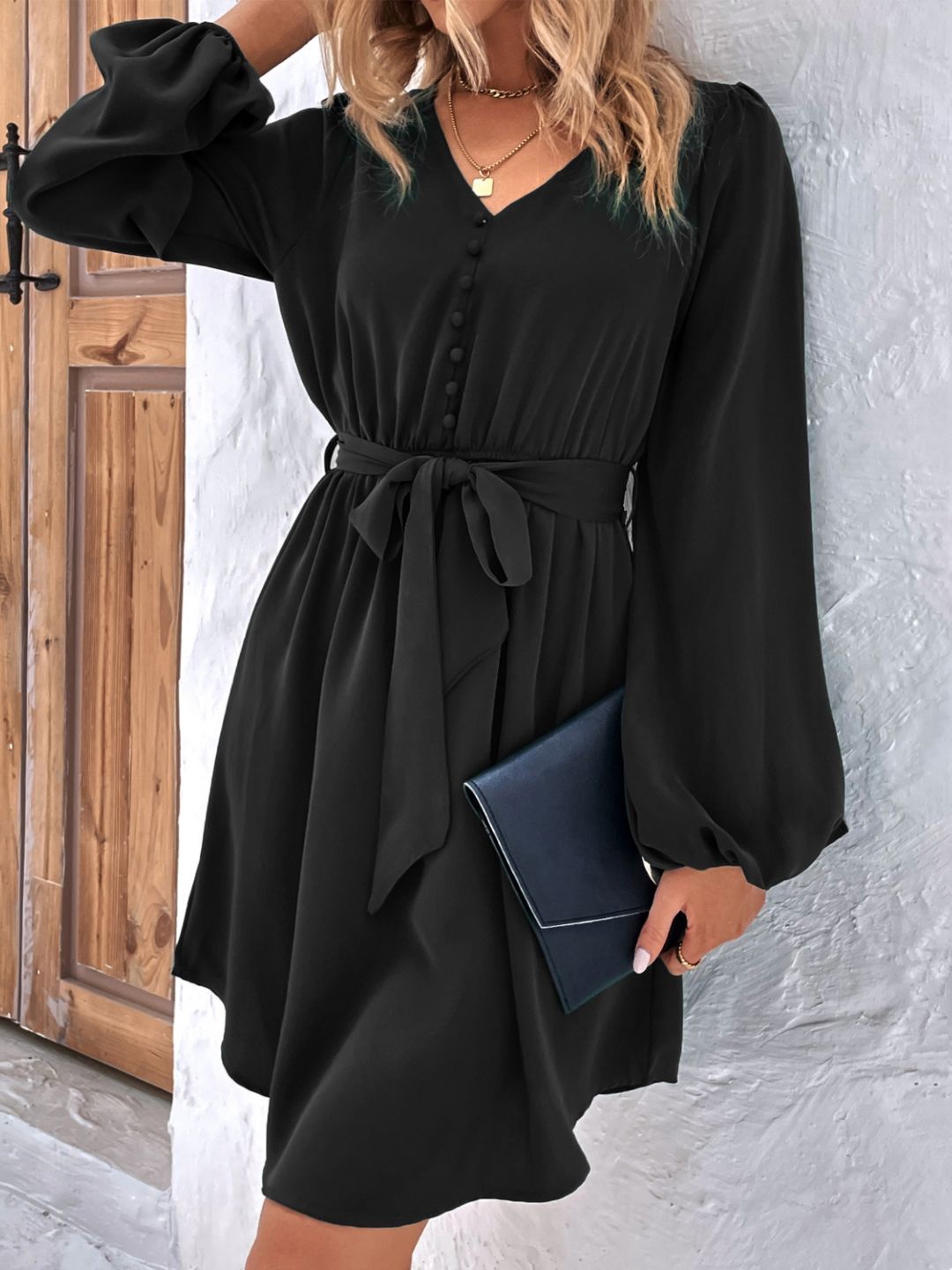 

StyleCast Cuffed Sleeves Fit and Flare Dress, Black