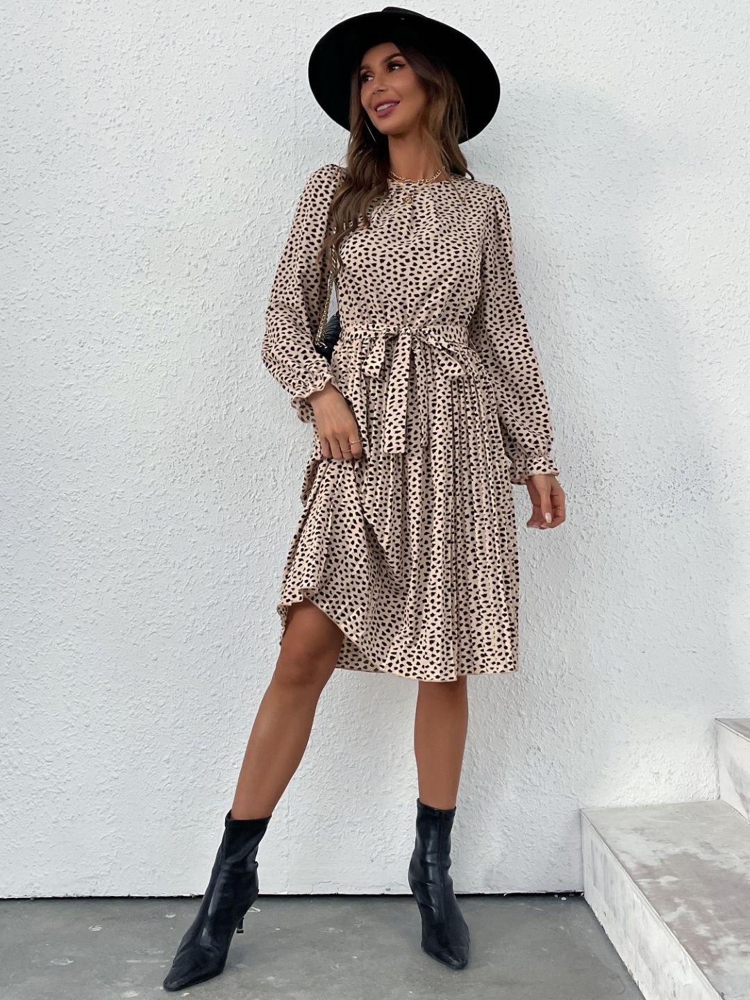 

StyleCast Women Round Neck Animal Print Fit & Flare Dress, Cream