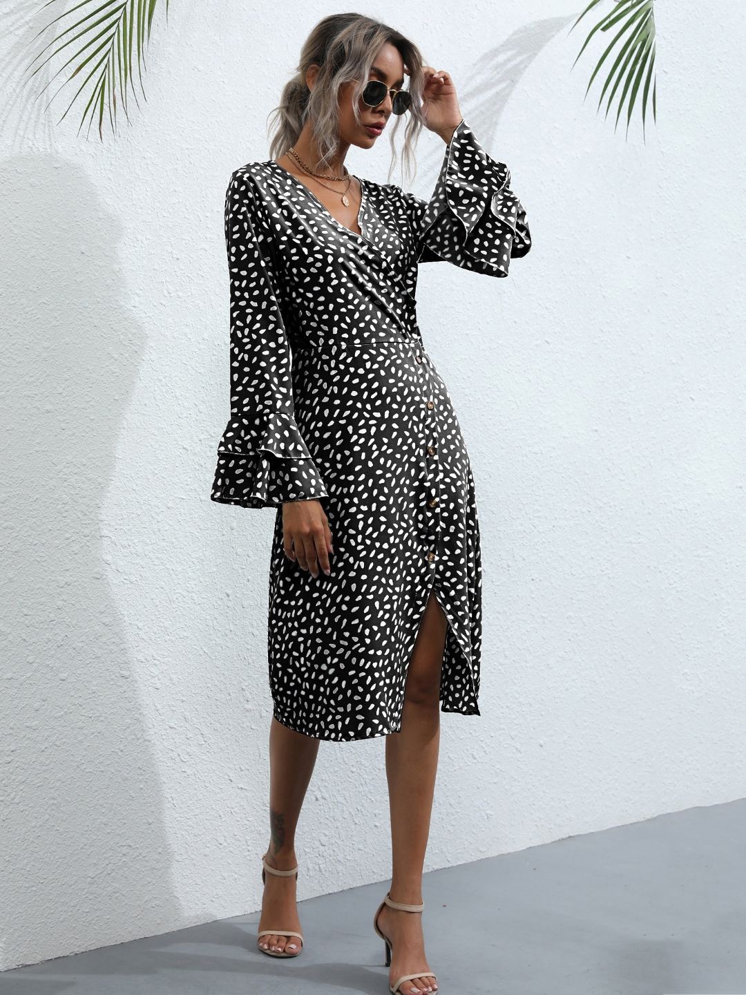 

StyleCast Polka Dot Print Bell Sleeve Fit & Flare Midi Dress, Black