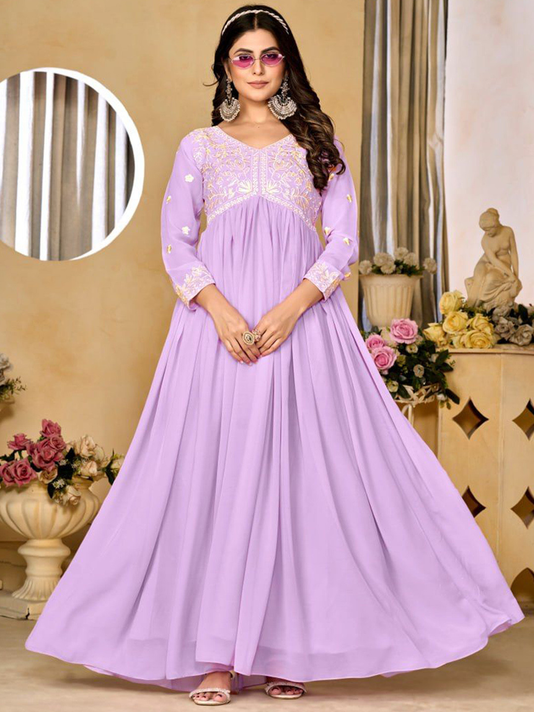 

Ethnic Yard Floral Embroidered V-Neck Georgette Gown Maxi Ethnic Dress, Lavender