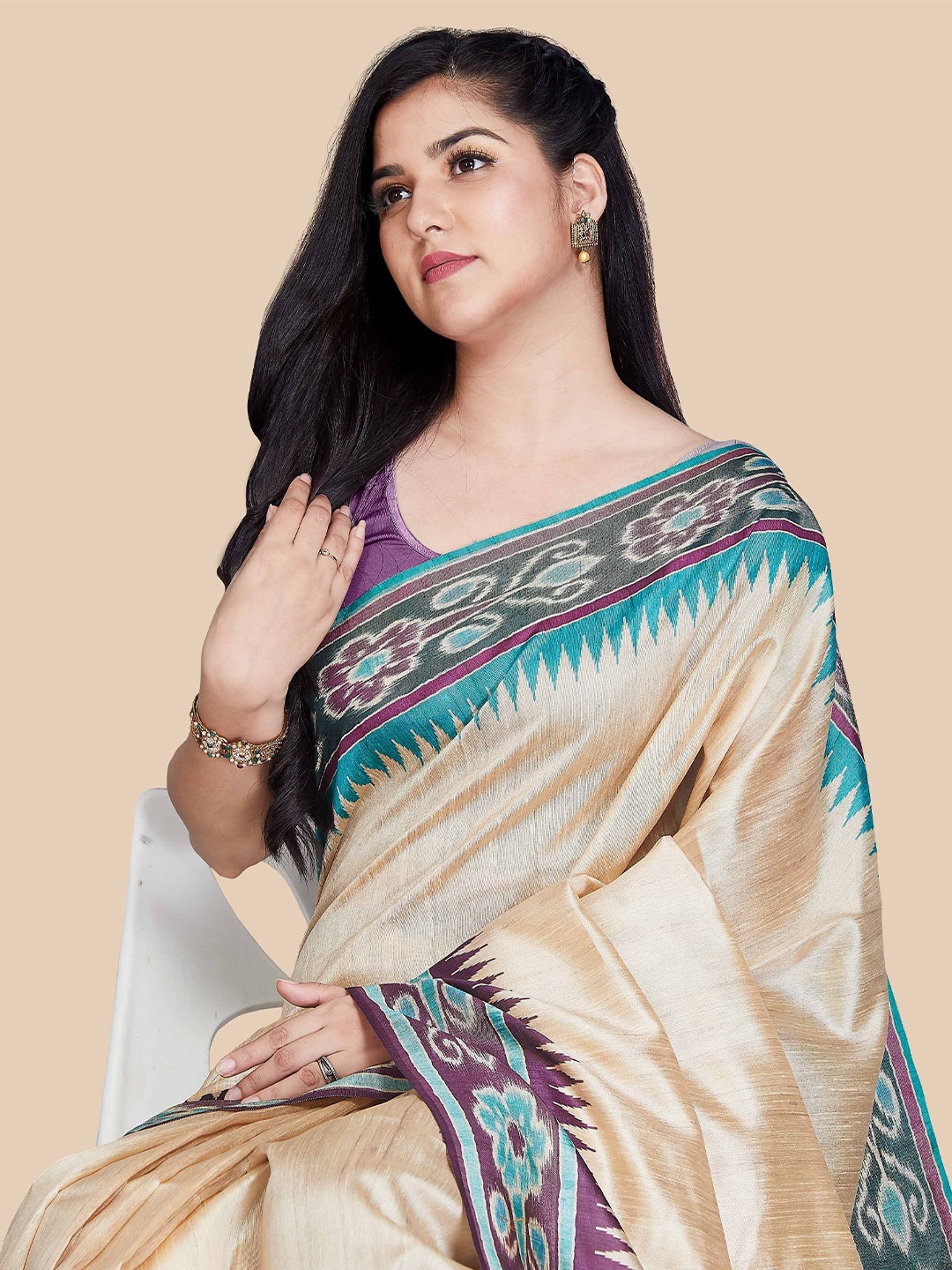 

Rani Saahiba Solid Printed Saree, Beige