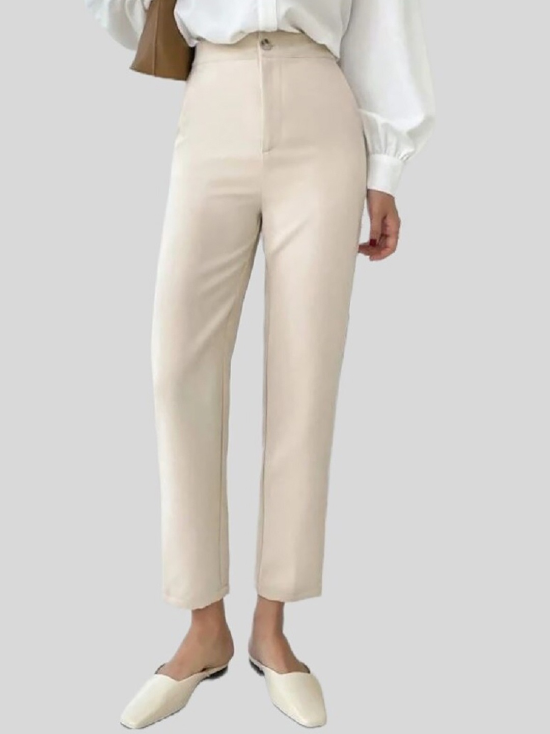 

FNOCKS Women Comfort Slim Fit High-Rise Easy Wash Trousers, Cream