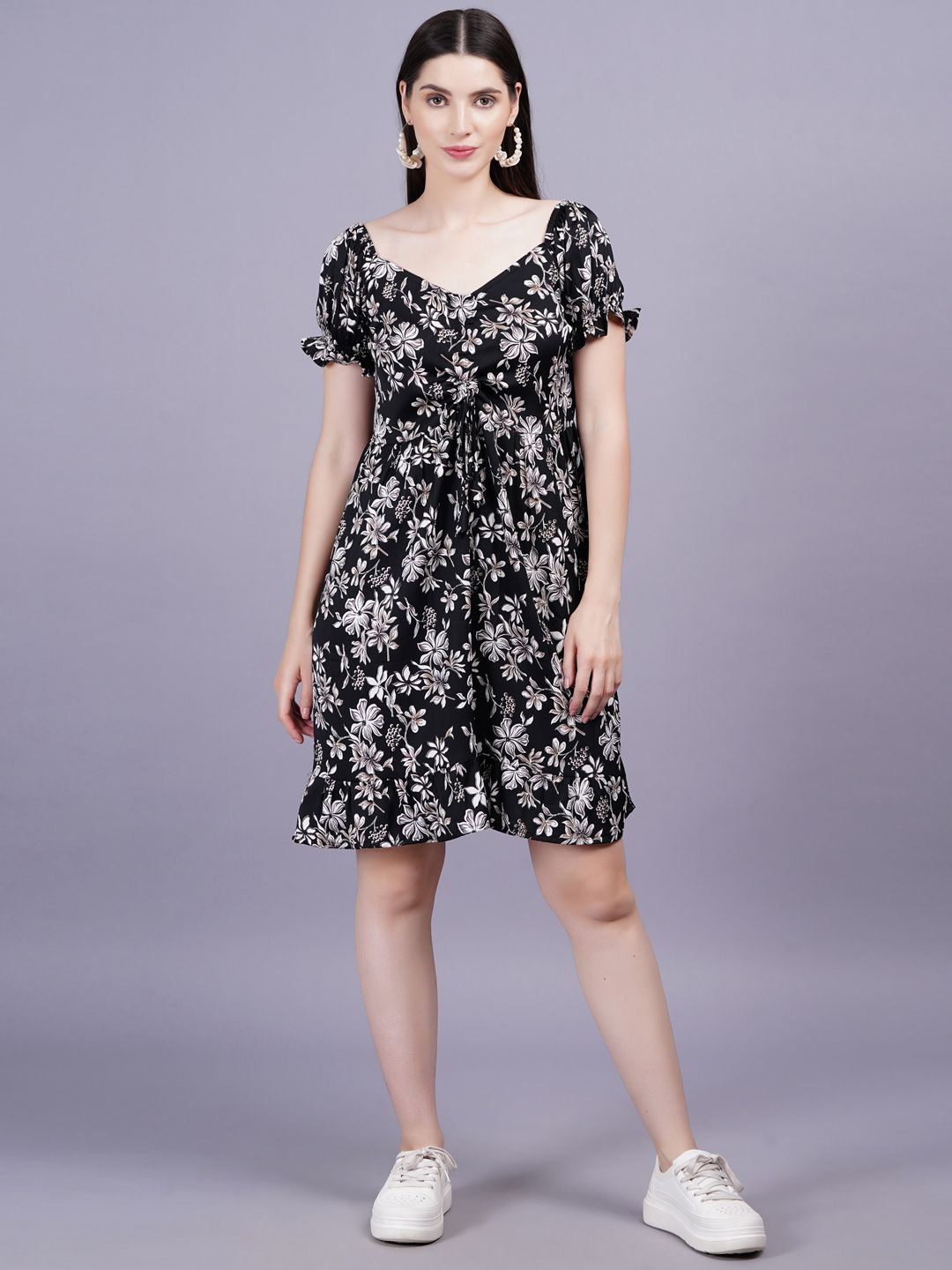 

HIGHLIGHT FASHION EXPORT Floral Print Puff Sleeves Fit & Flare Dress, Black