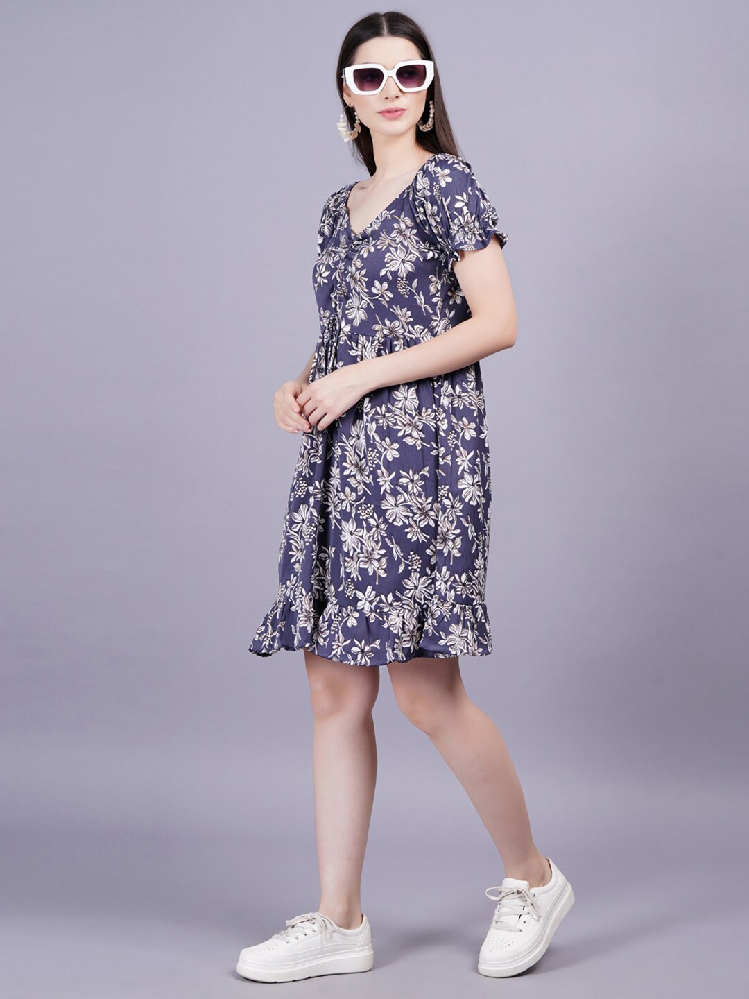 

HIGHLIGHT FASHION EXPORT Floral Print Fit & Flare Dress, Navy blue