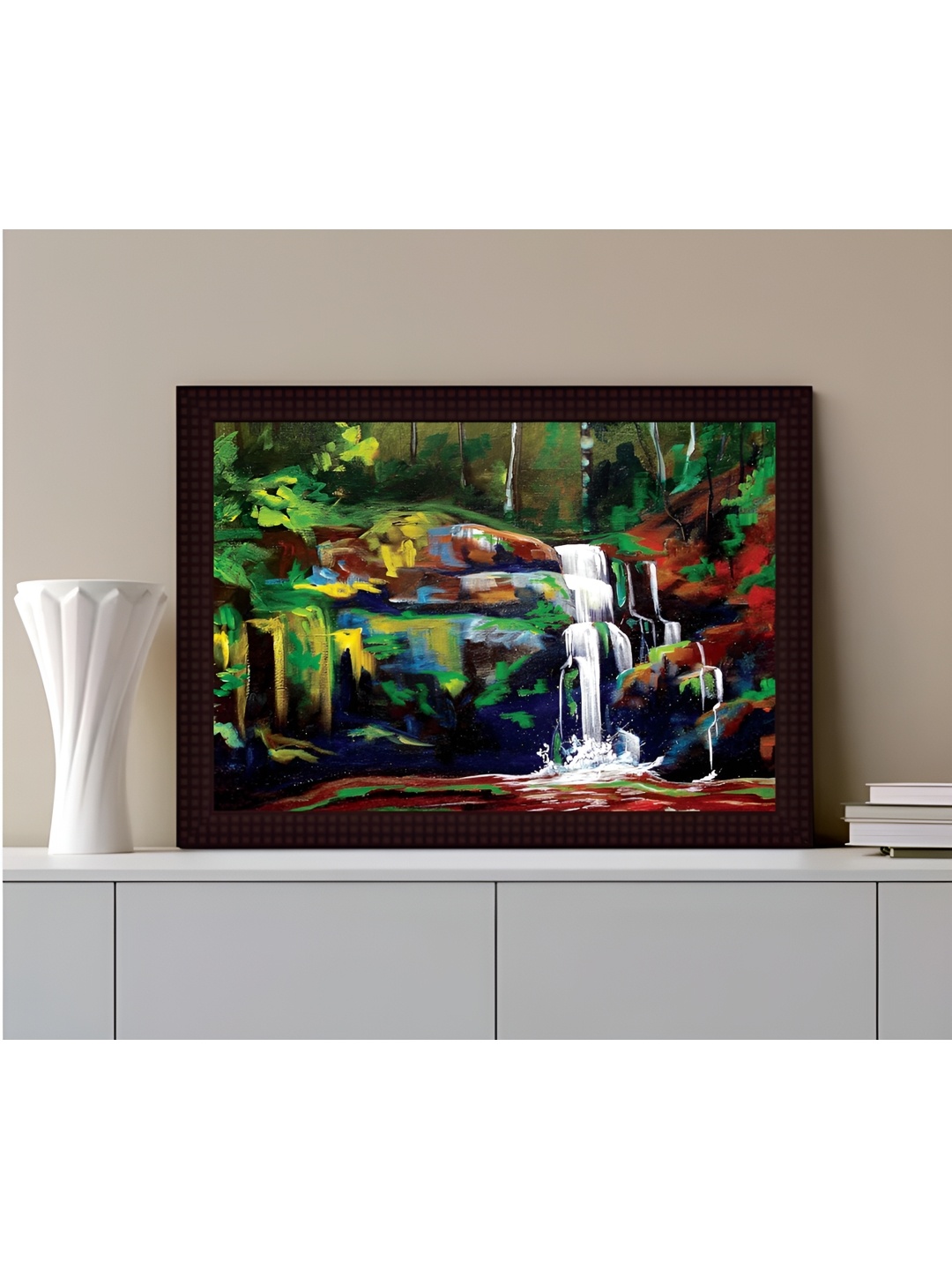 

Tamatina Green & White Wooden Texture Framed Canvas Waterfall Painting Wall Art