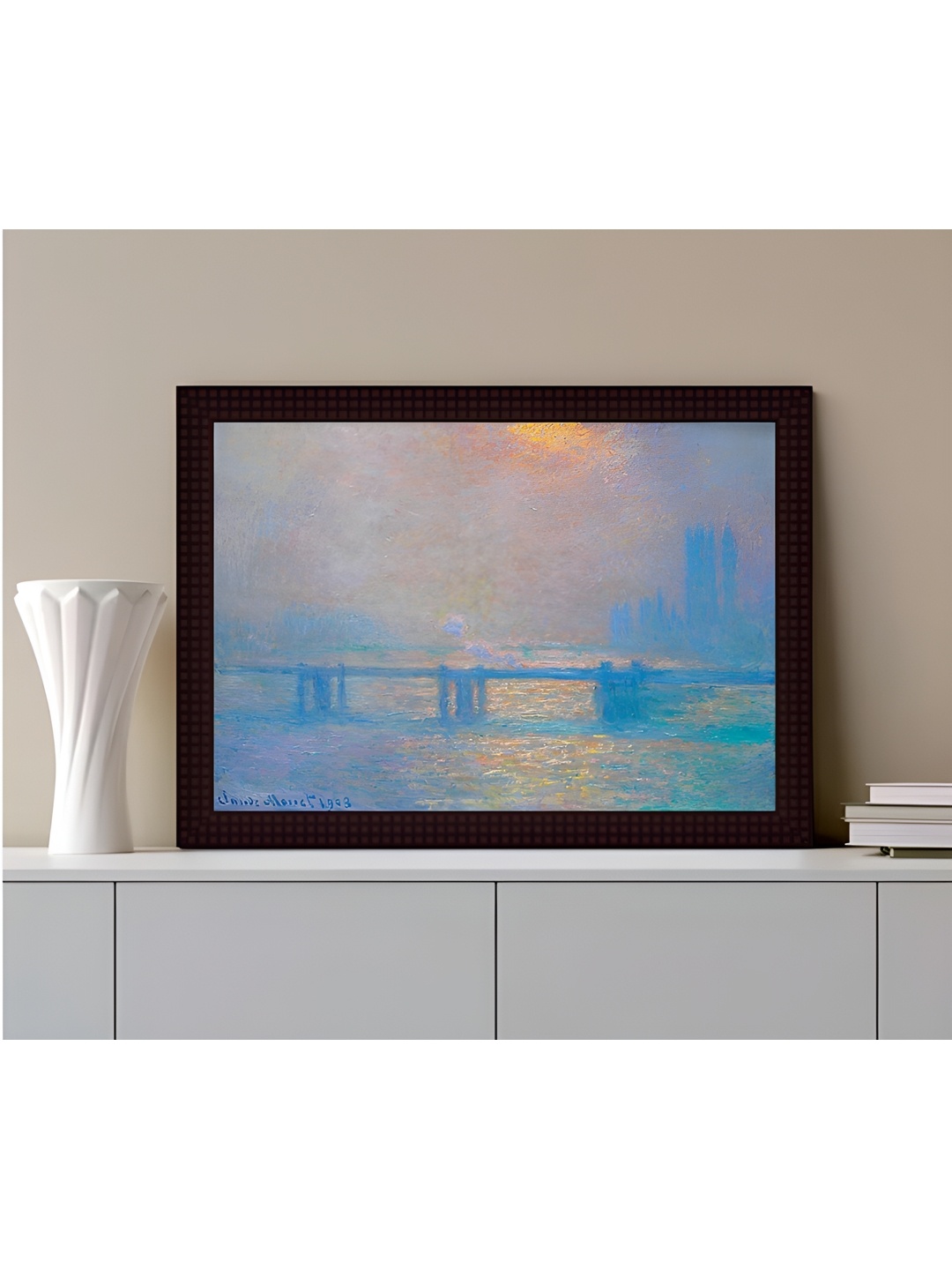 

Tamatina Blue Claud Monet Art Wooden Texture Charing Cross Bridge Framed Canvas Painting