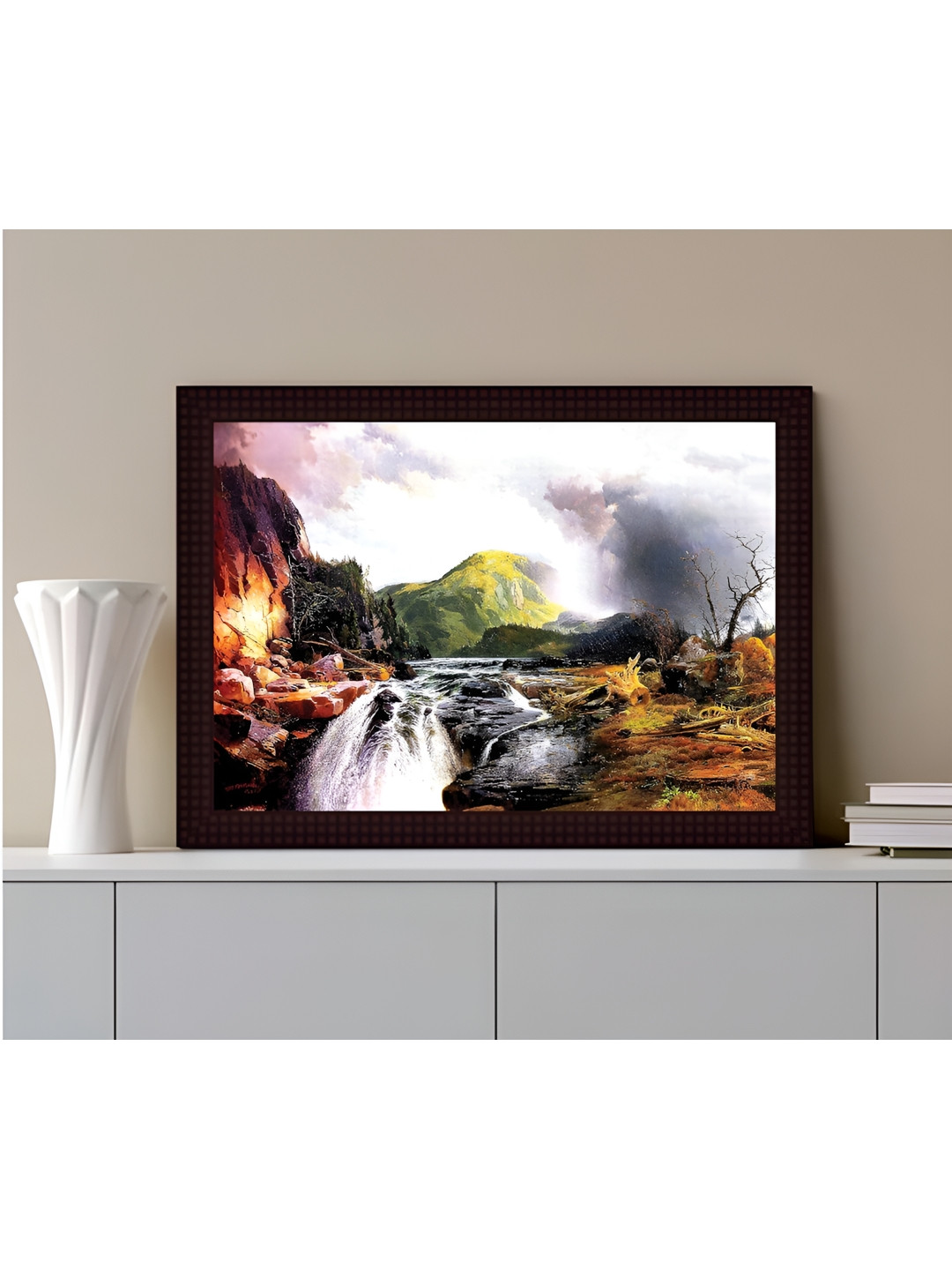 

Tamatina Grey & Brown Wooden Framed Waterfall Painting Wall Art