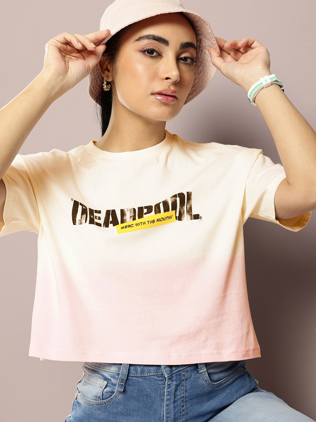 

Kook N Keech Marvel Deadpool Printed Drop-Shoulder Sleeves Boxy Crop T-shirt, Cream