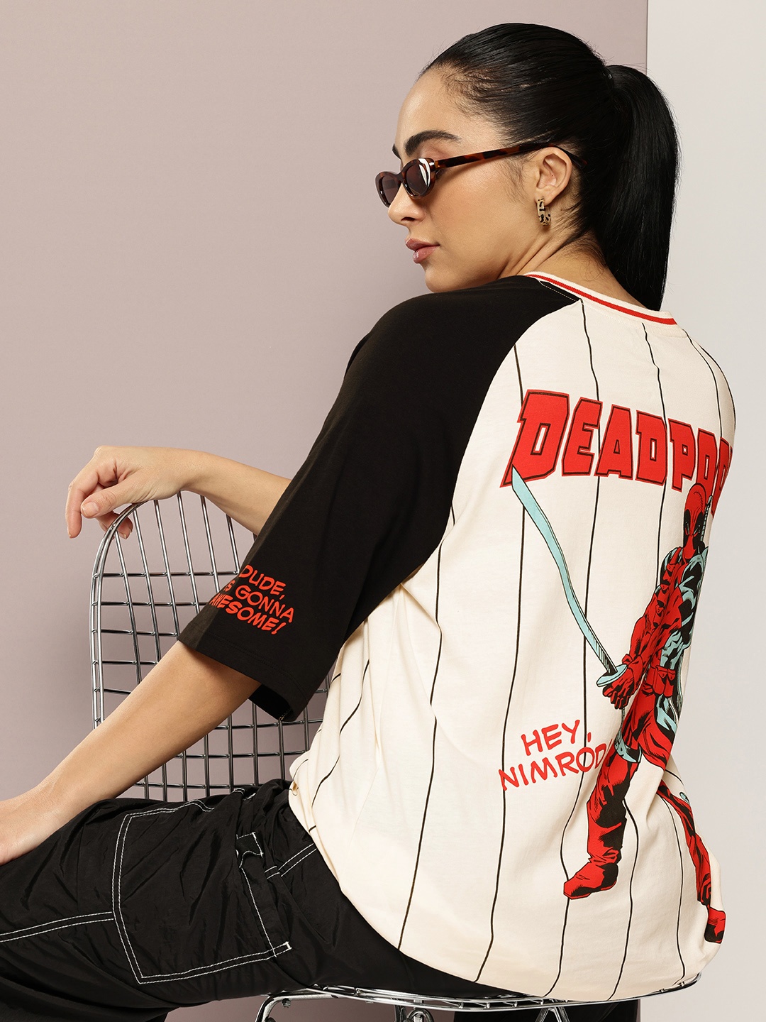 Kook N Keech Marvel Deadpool Printed Striped Oversized T-shirt, White