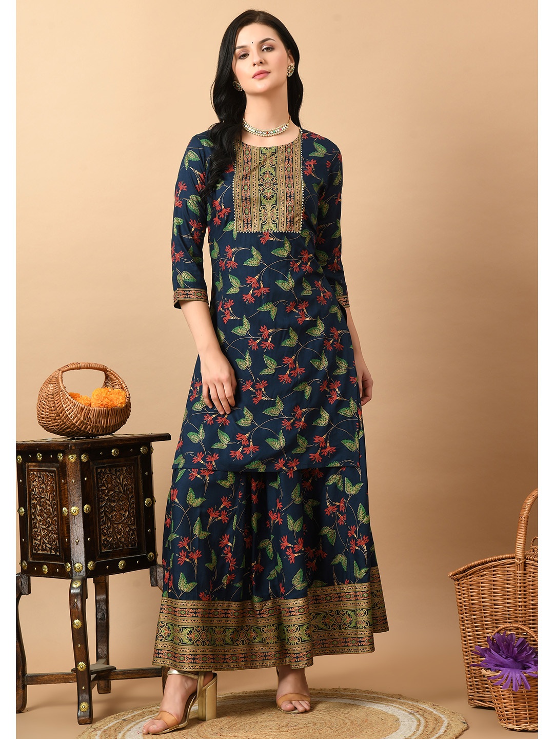 

ETISHA Floral Printed Gotta Patti Yoke Design Straight Kurta With Skirt, Blue