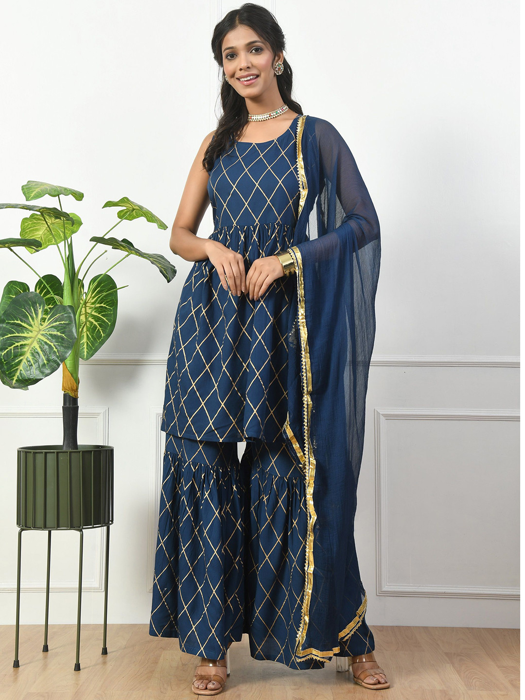 

ETISHA Geometric Printed Gotta Patti Tie-Up Back Anarkali Kurta With Sharara & Dupatta, Blue