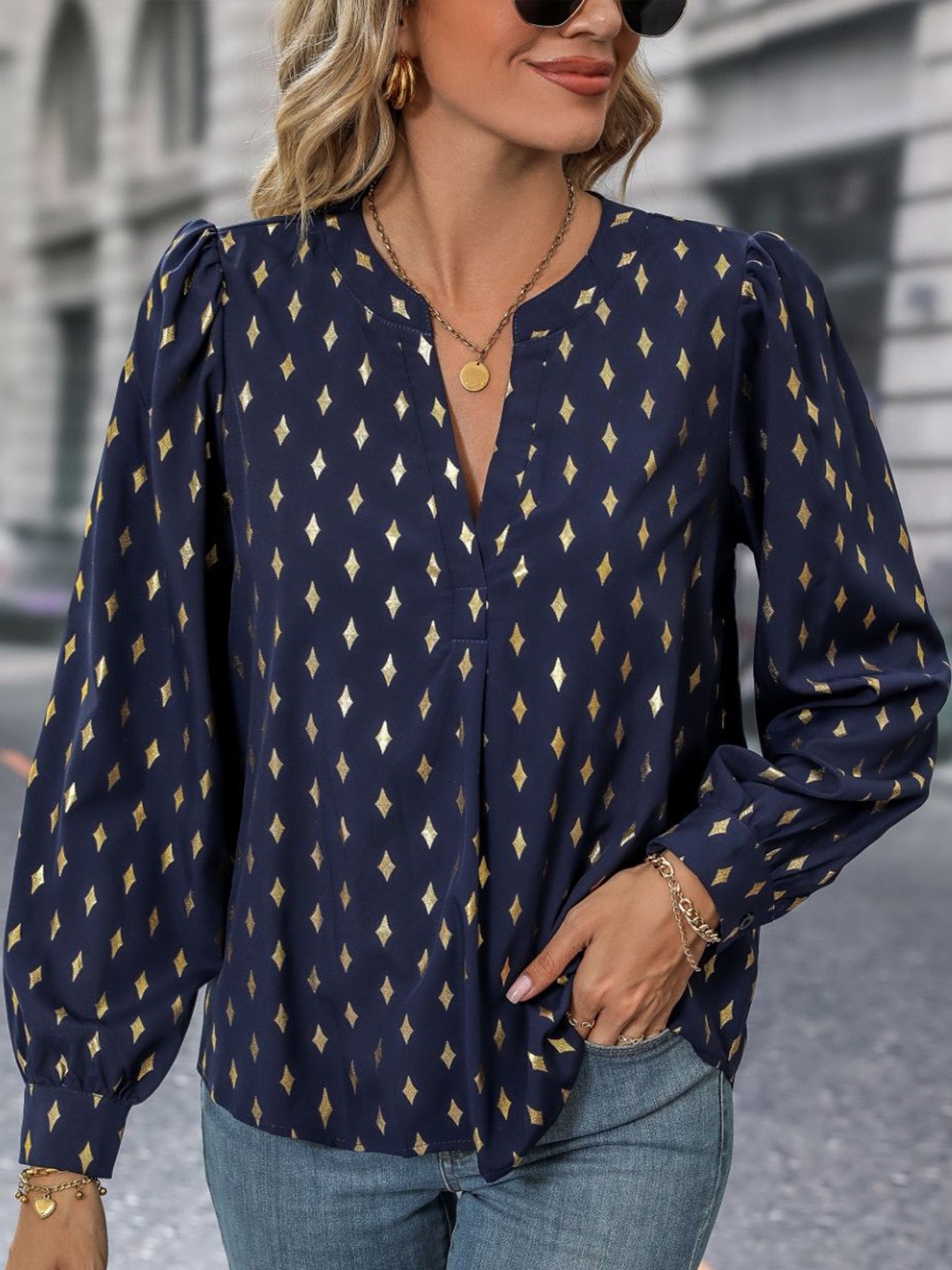 

StyleCast Geometric Printed Mandarin Collar Shirt Style Top, Navy blue