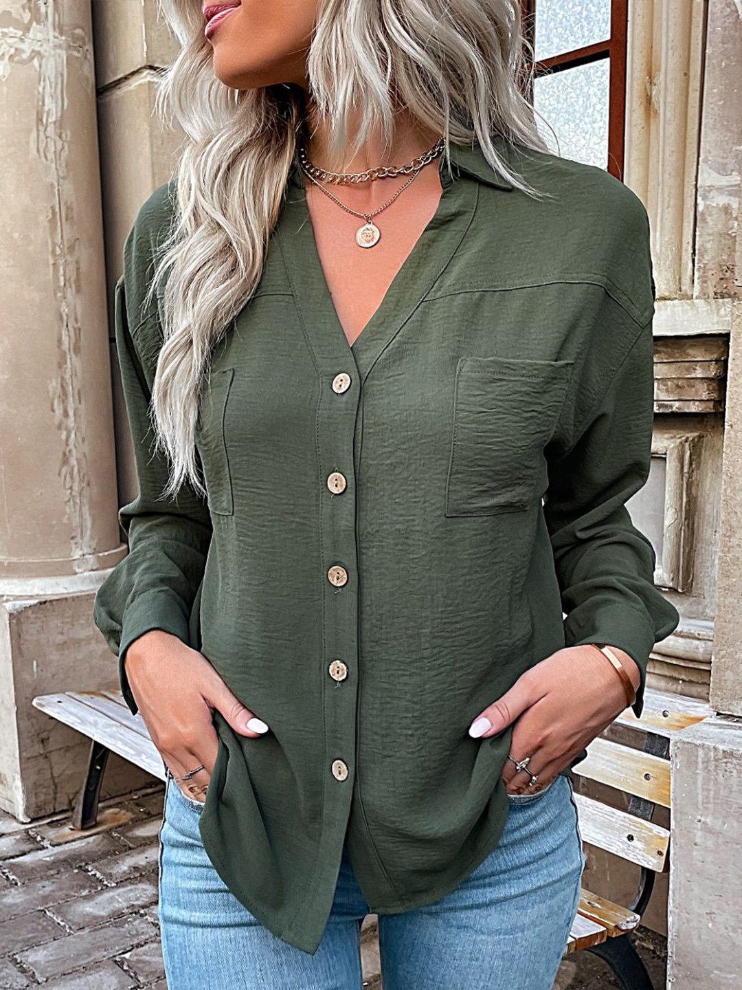 

StyleCast Solid Shirt Collar Shirt Style Top, Green