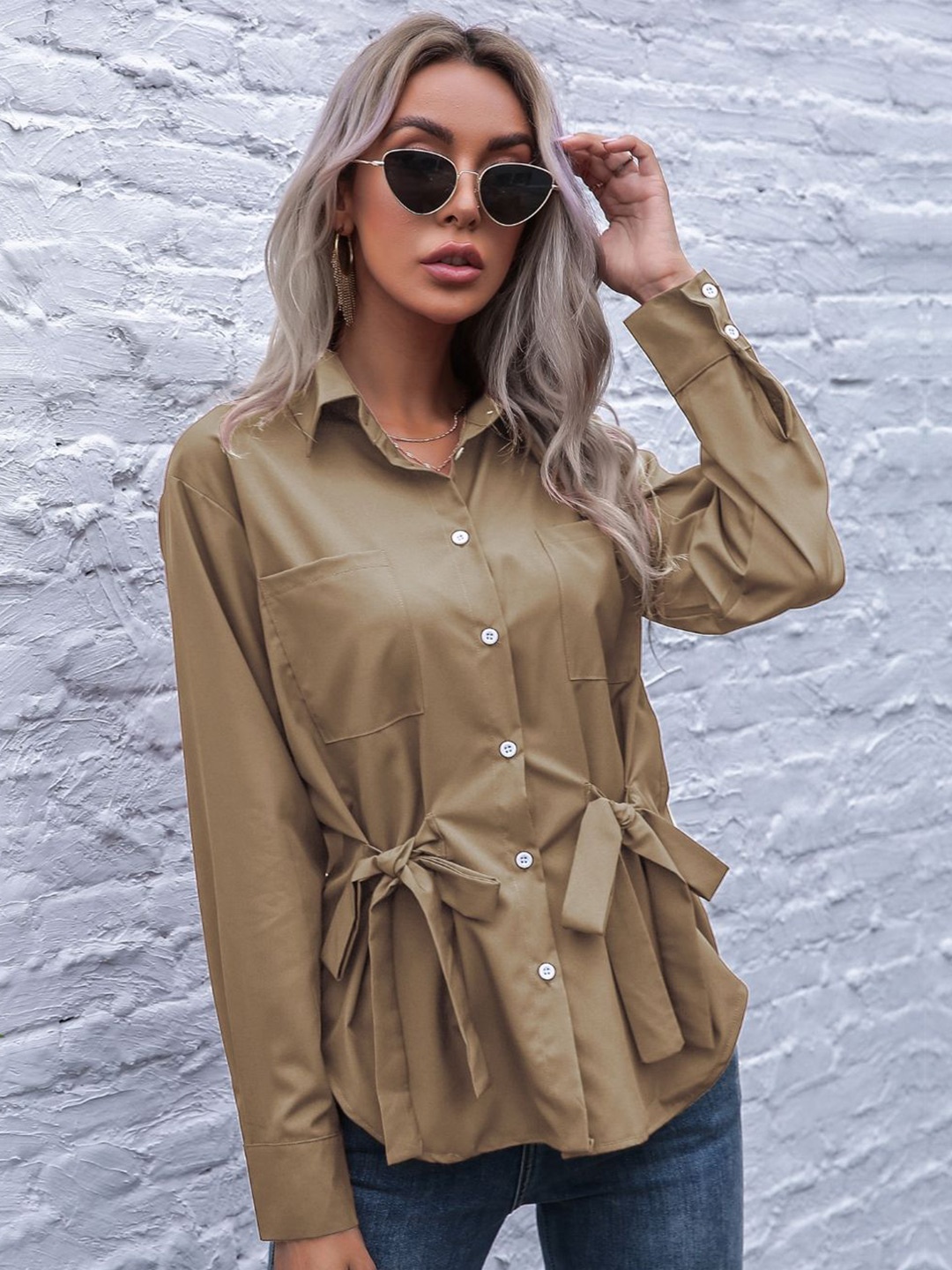 

StyleCast Shirt Style Solid Top, Khaki