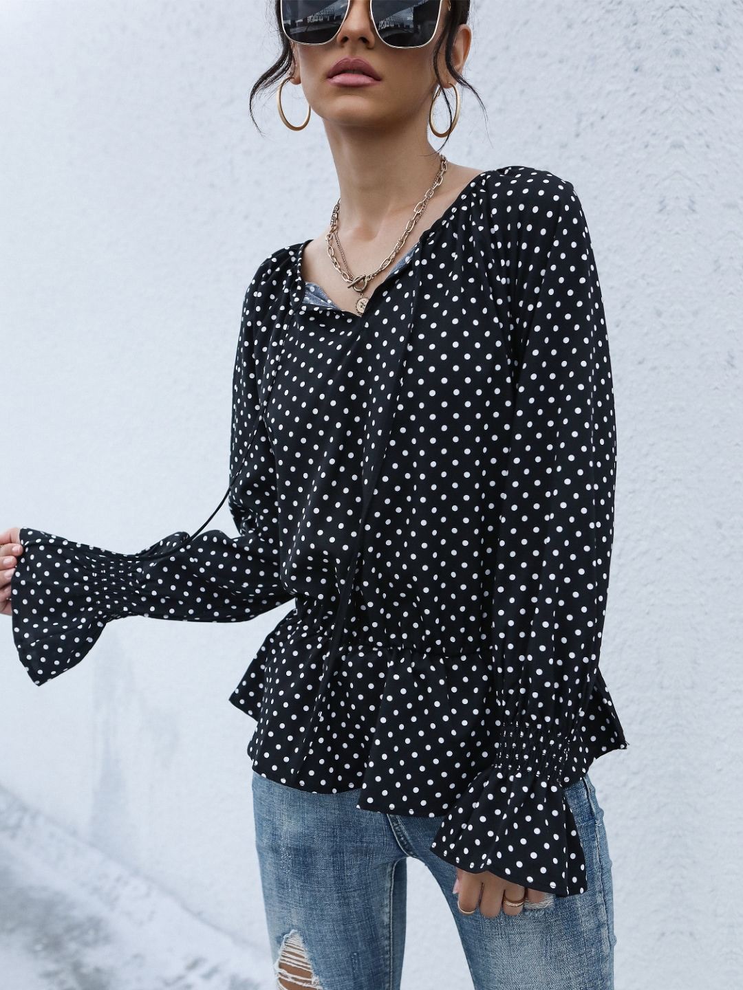 

StyleCast Polka Dot Printed Tie-Up Neck Top, Black