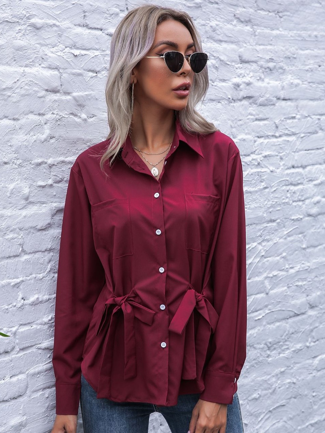 

StyleCast Solid Shirt Collar Shirt Style Top, Red