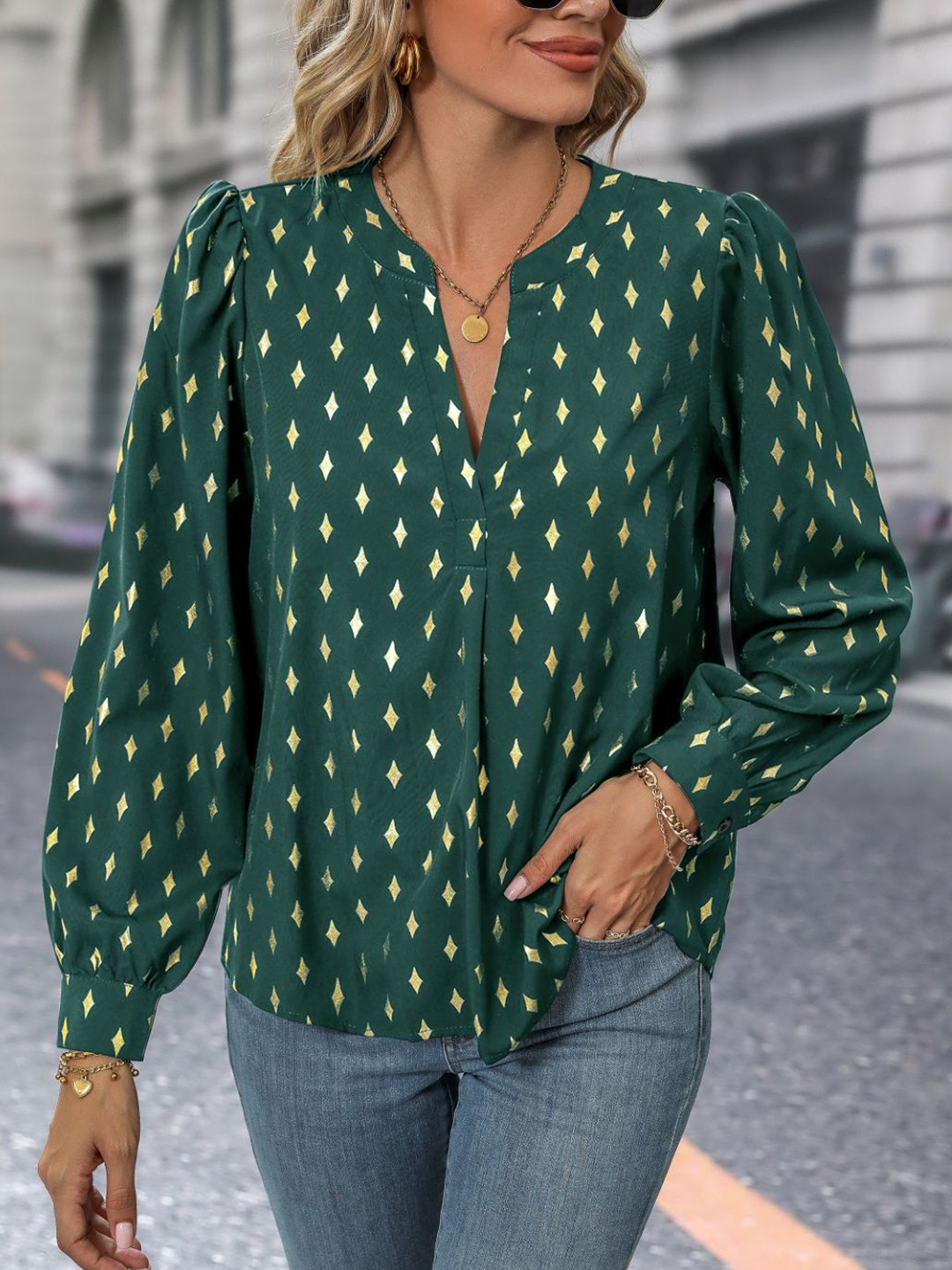 

StyleCast Geometric Printed Mandarin Collar Shirt Style Top, Green