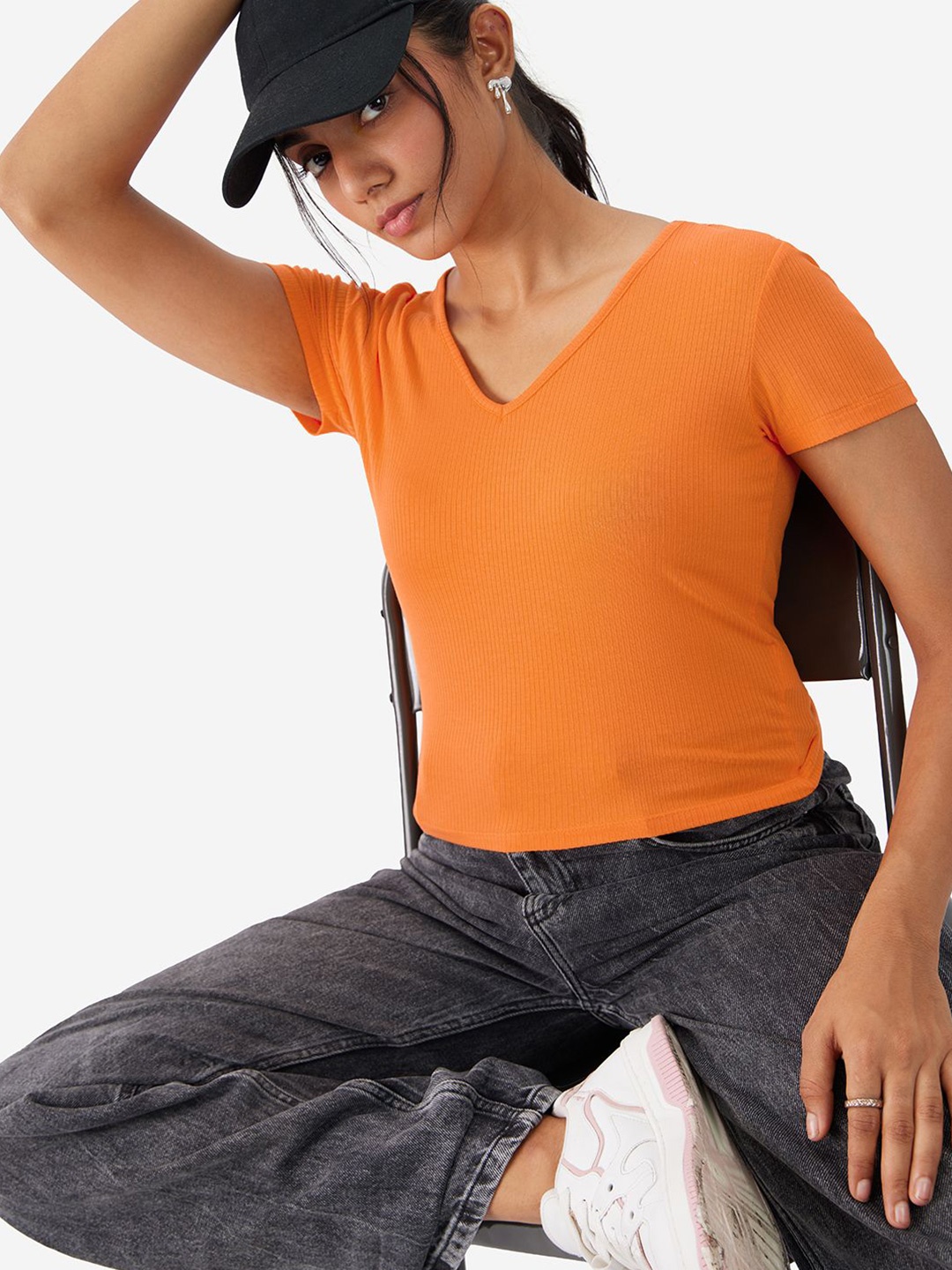 

The Souled Store V-Neck Knits Solid Top, Orange