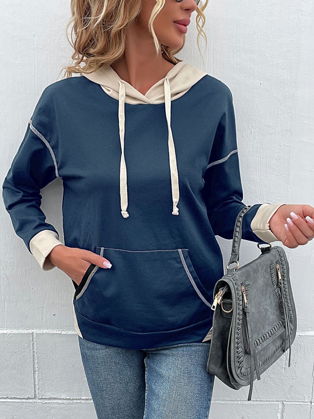 

StyleCast Women Solid Hooded Pockets Sweatshirt, Navy blue