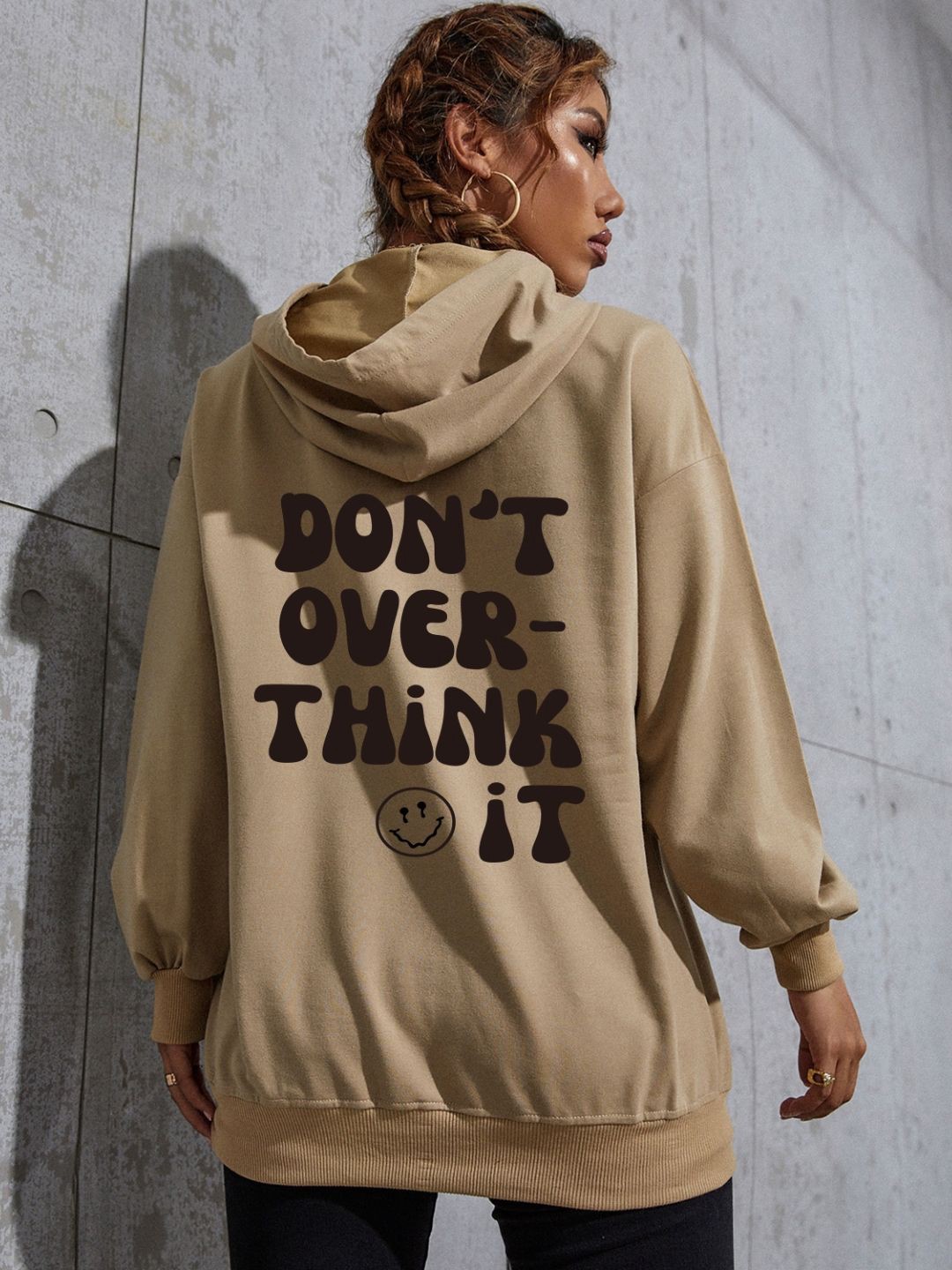 

StyleCast Women Graphic Printed Kangaroo Pocket Hooded Sweatshirt, Khaki