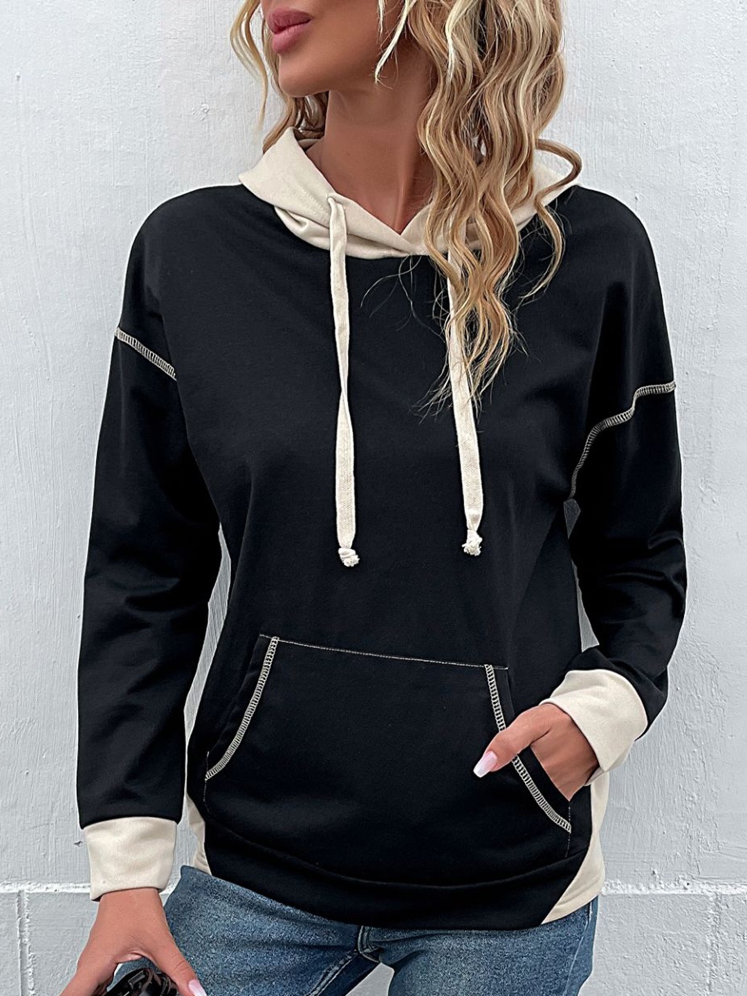 

StyleCast Women Solid Hooded Ribbed Hemline Sweatshirt, Black