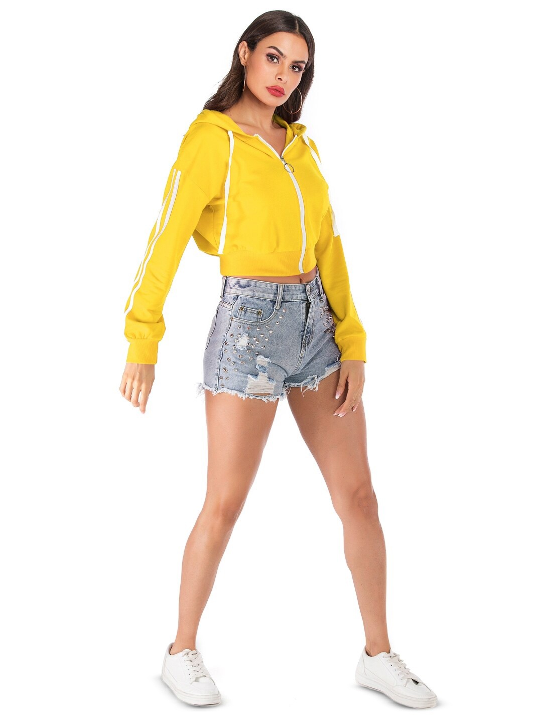 

StyleCast Women Solid Hooded Crop Sweatshirt, Yellow