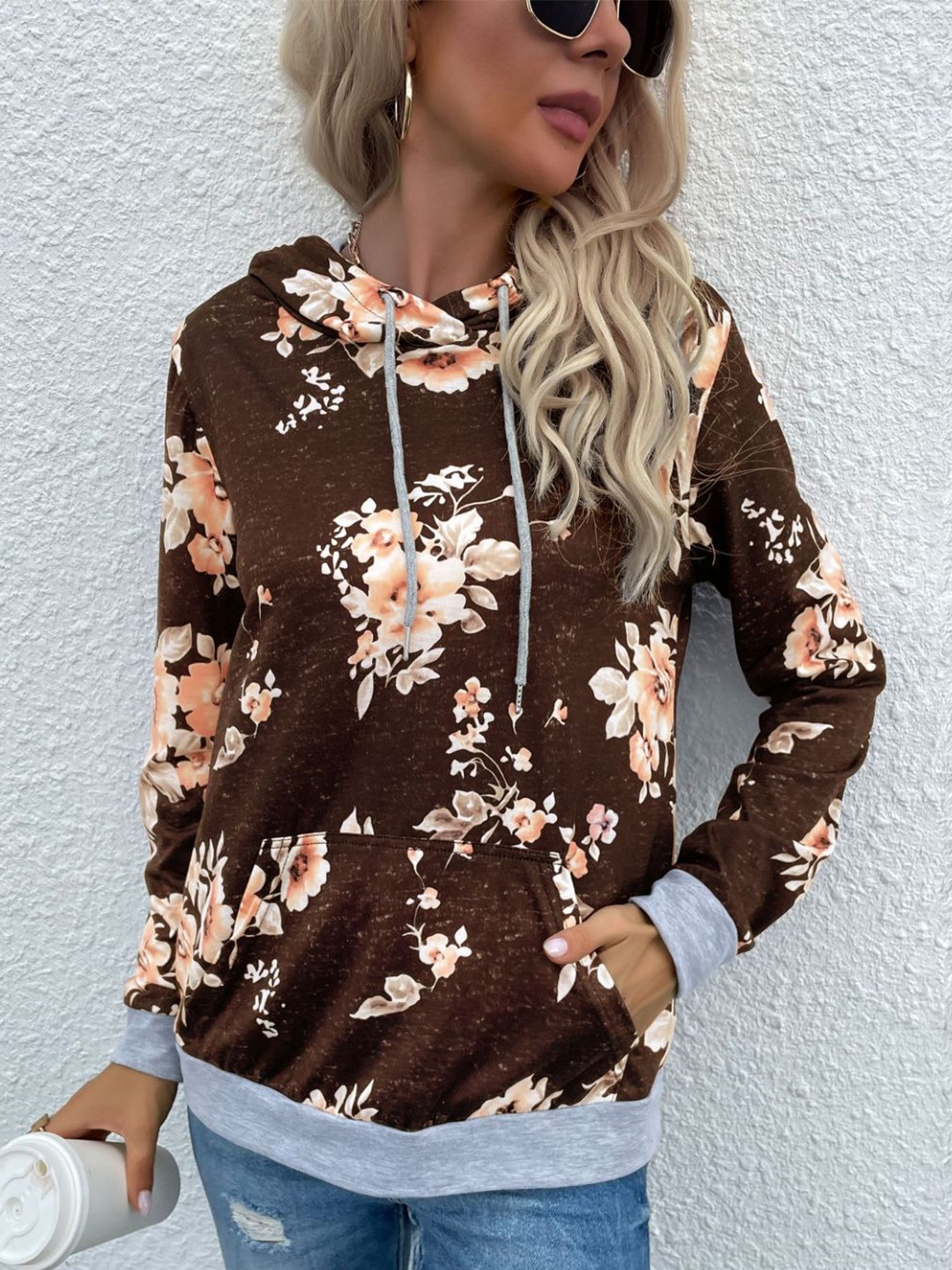 

StyleCast Women Floral Printed Hooded Sweatshirt, Brown