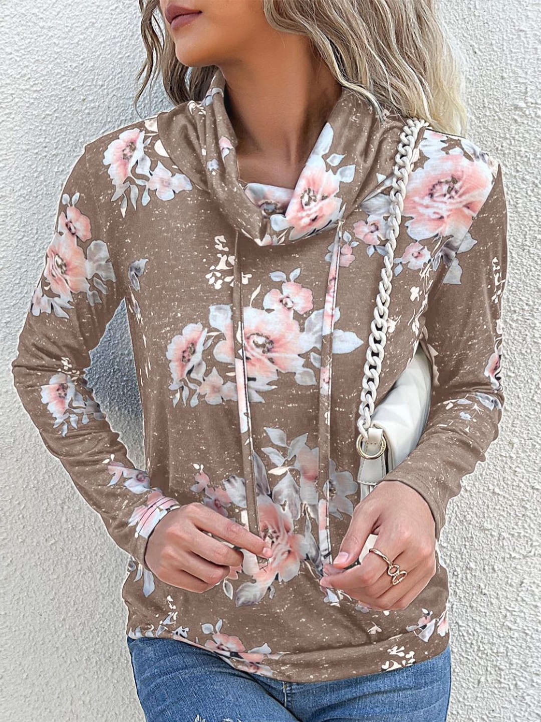 

StyleCast Women Floral Printed Hooded Sweatshirt, Khaki