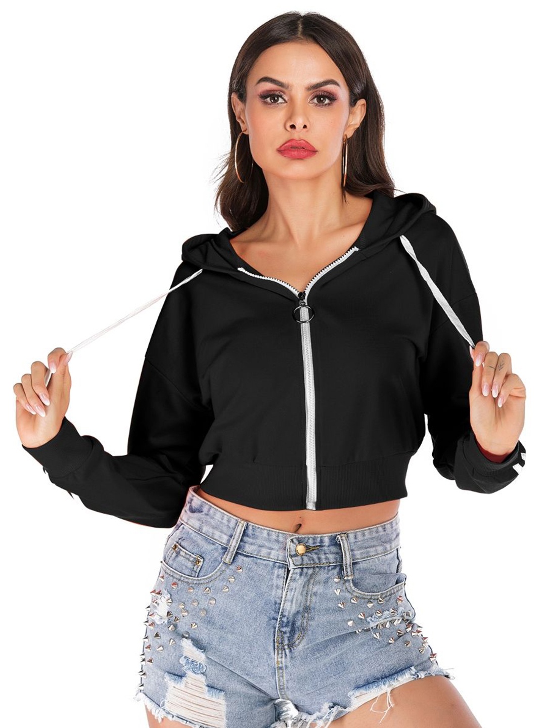 

StyleCast Women Solid Hooded Zip Closure Crop Sweatshirt, Black