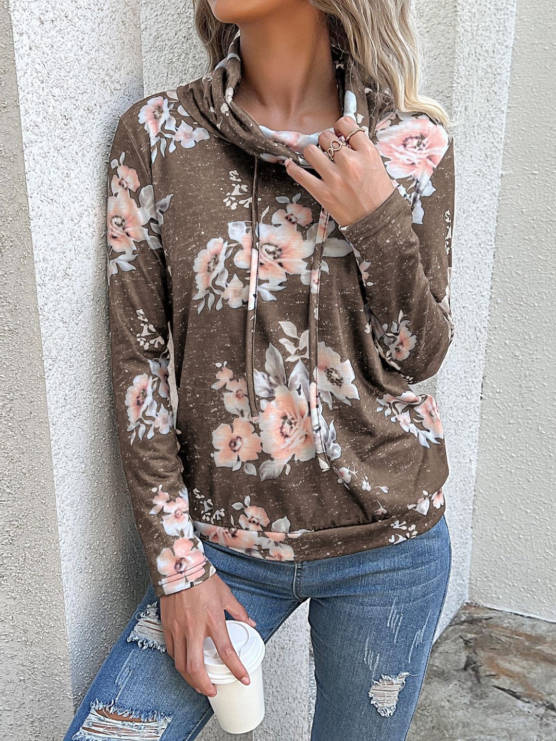 

StyleCast Women Floral Printed Turtle Neck Sweatshirt, Brown