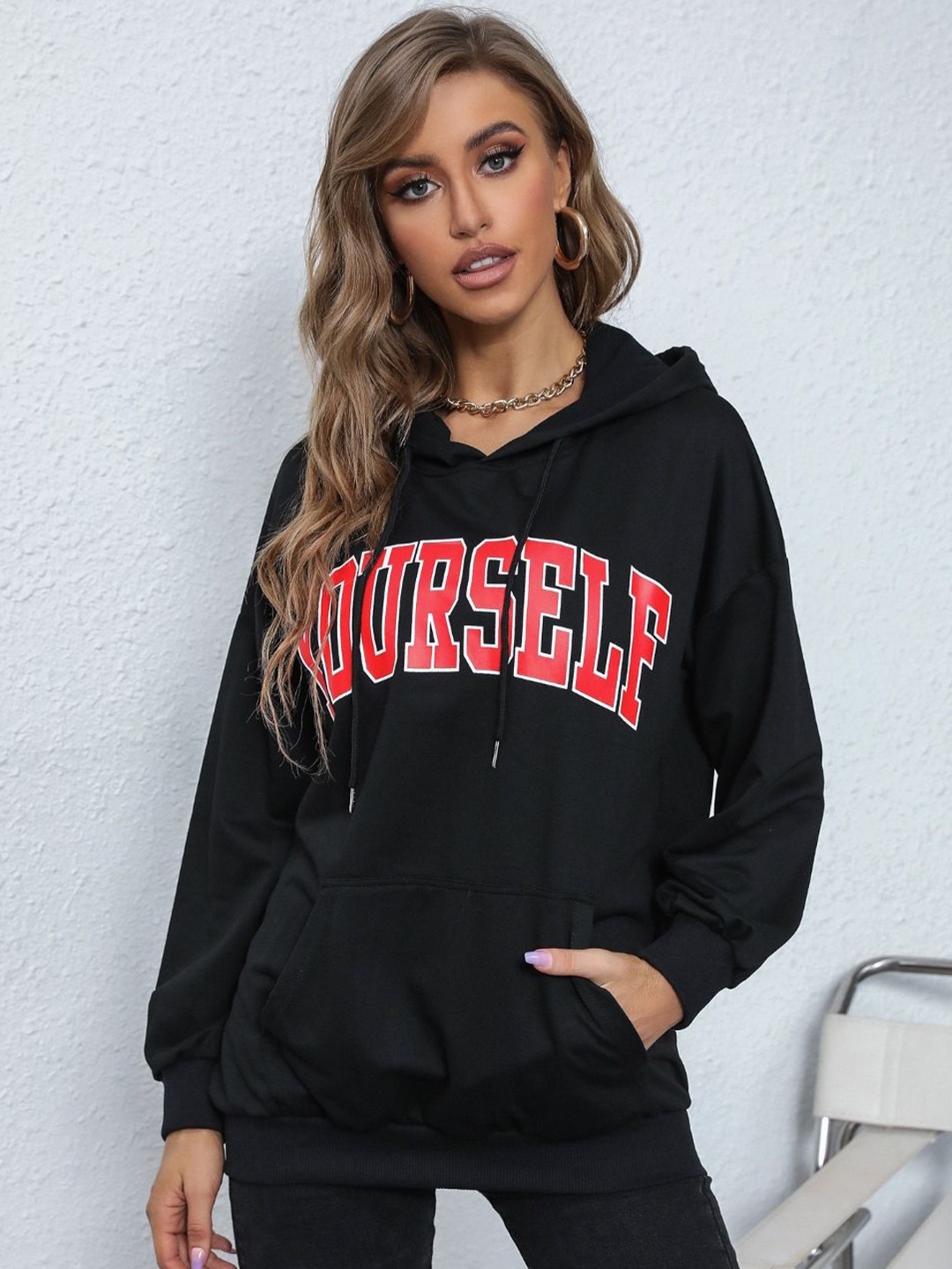 

StyleCast Women Typography Printed Hooded Sweatshirt, Black