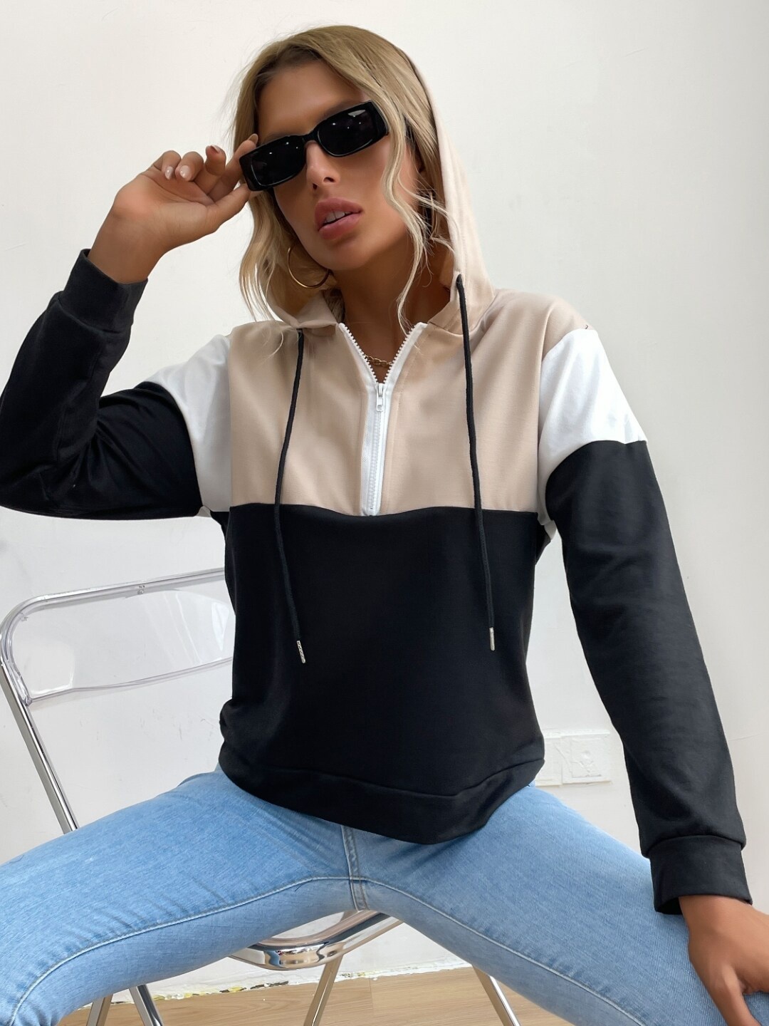 

StyleCast Women Colourblocked Hooded Sweatshirt, Black