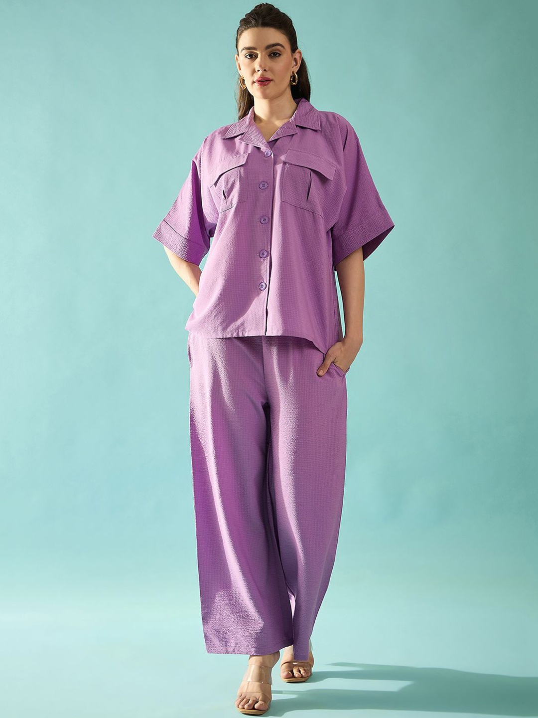 

PANIT Lavender Lapel Collar Flared Sleeves Loose Fit Seersucker Shirt & Trousers