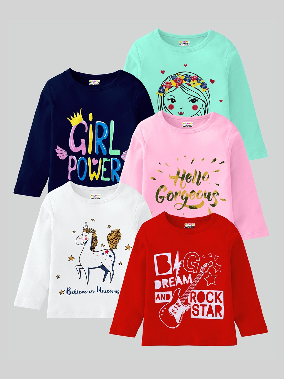 

KUCHIPOO Girls 5 Printed Applique T-shirt, Pink