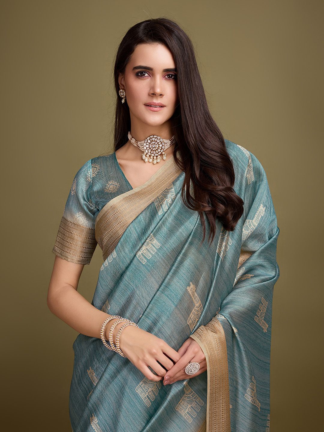 

Rekha Maniyar Ethnic Motifs Zari Pure Silk Saree, Turquoise blue